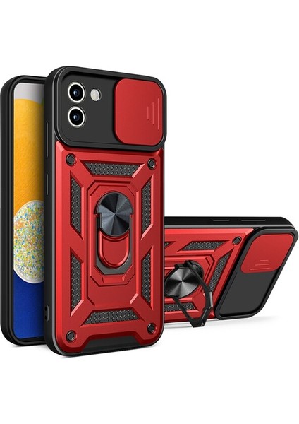 Samsung Galaxy A03 Kılıf Tank Aramid Sürgülü Vega Yüzüklü+Nano Kırmızı