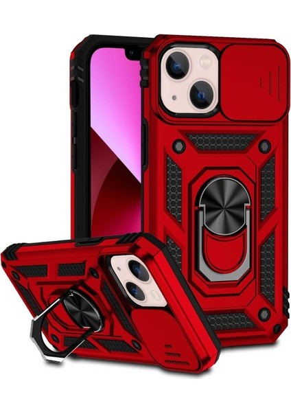 Apple iPhone 14 Kılıf Tank Aramid Sürgülü Vega Yüzüklü+Nano Kırmızı