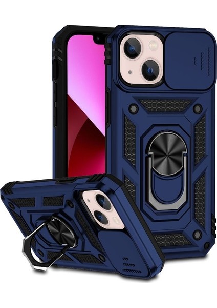 Apple iPhone 14 Kılıf Tank Aramid Sürgülü Vega Yüzüklü+Nano Lacivert