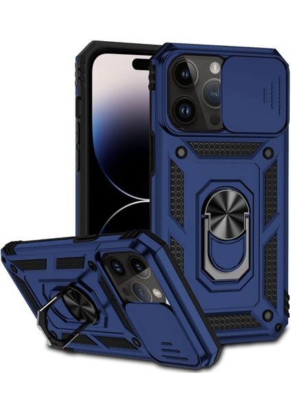 Apple iPhone 14 Pro Max Kılıf Tank Aramid Sürgülü Vega Yüzüklü+Nano Lacivert