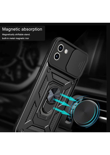 Samsung Galaxy A03 Kılıf Tank Aramid Sürgülü Vega Yüzüklü+Nano Siyah