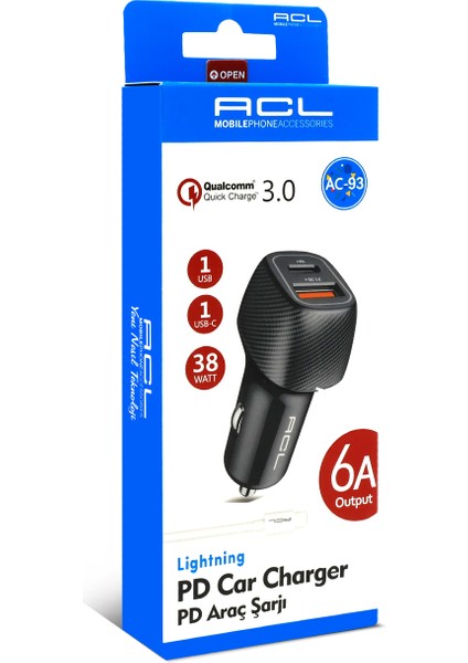 Ac-93 Q.c 3.0 6 Amper Araç Içi Çakmaklık Lightning Kablolu Şarj USB - Type-C