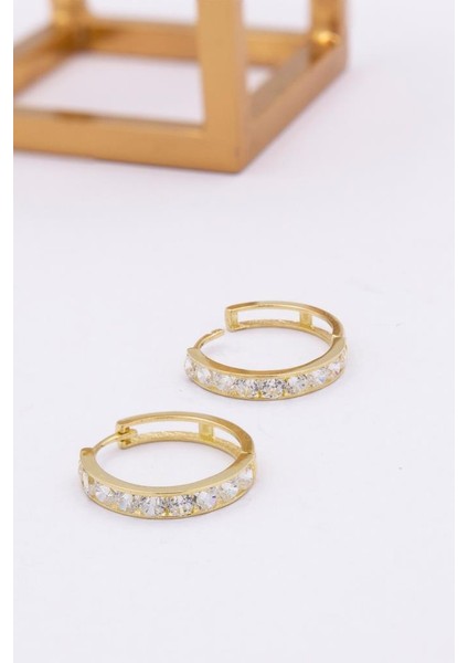 14 Ayar Altın Beyaz Taşlı Kadın Orta Ölçü Halka Küpe