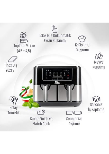 Duo V2 Dokunmatik Ekran 9lt Çift Hazneli Airfryer Yağsız Fritöz