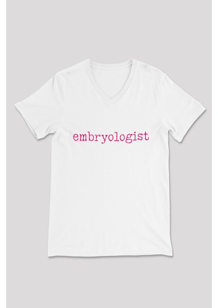 Embriyolog Baskılı Unisex Beyaz V Yaka Tshirt