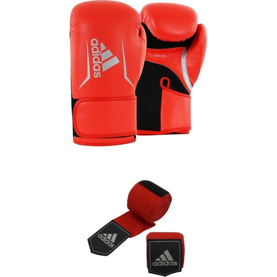 adidas Speed 50 Boks Eldiveni Boxing Gloves Bandaj Boks Bandajı 3,5 Metre Hand Wraps Kırmızı 2'li Set