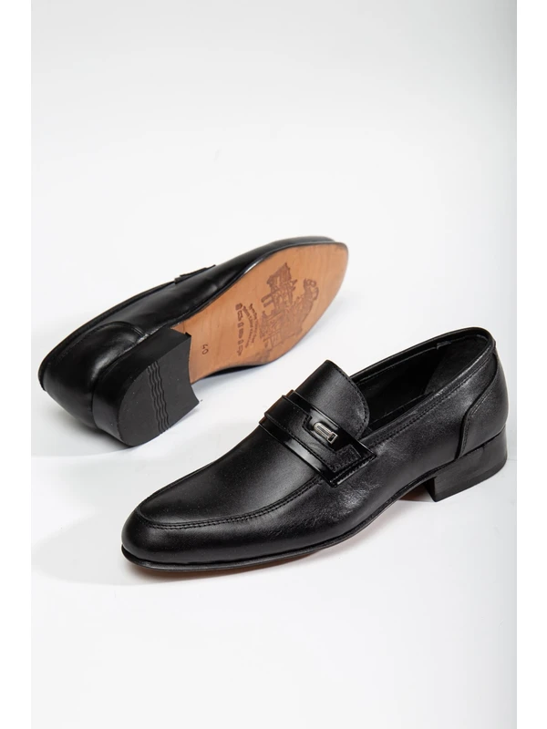 Dilimler Ayakkabı Hakiki Deri Kösele Bağsız Siyah Erkek Klasik Ayakkabı
