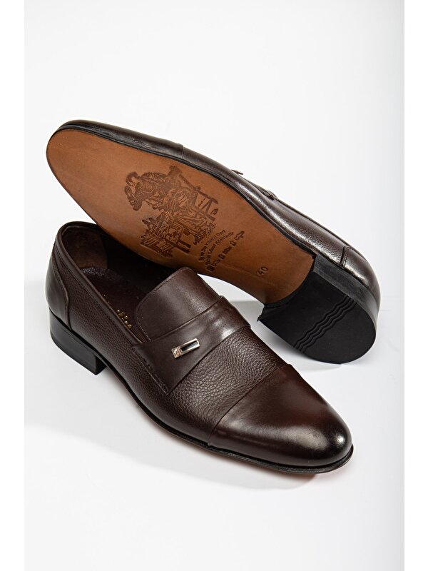 Dilimler Ayakkabı Hakiki Deri Kösele Parçalı Bağsız Kahverengi Erkek Klasik Ayakkabı