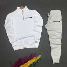 New Cabin Yeni Sezon Pamuklu Yarım Fermuarlı Brooklyn Baskılı Sweat- Pamuklu Eşofman Altı Takım 2'li Alt Üst