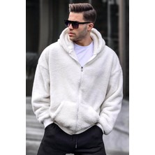 Madmext Ekru Peluş Over Fit Kapüşonlu Fermuarlı Erkek Sweatshirt 6049