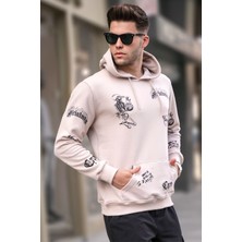 Madmext Bej Baskılı Kapüşonlu Sweatshirt 5895