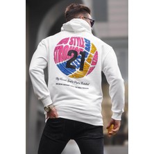 Madmext Ekru Kabartma Baskılı Kapüşonlu Sweatshirt 6042