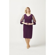 Moda Berray 1349 Mürdüm Kolları Taş Işlemeli Şık Büyük Beden Kısa Abiye