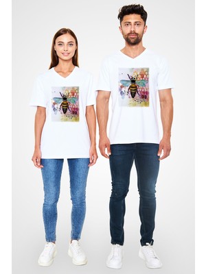 Arıcı Baskılı Unisex Beyaz V Yaka Tshirt