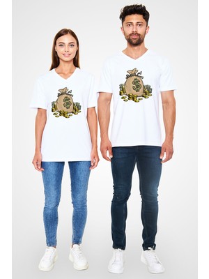 Bankacı Baskılı Unisex Beyaz V Yaka Tshirt