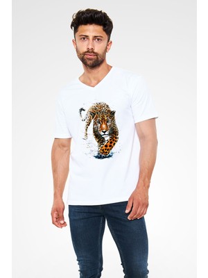 Çita Baskılı Unisex Beyaz V Yaka Tshirt