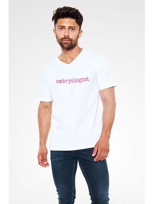 Embriyolog Baskılı Unisex Beyaz V Yaka Tshirt