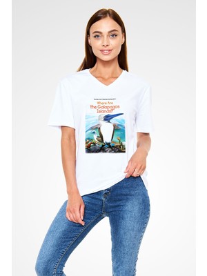 Tişört Fabrikası Galapagos Adaları Baskılı Unisex Beyaz V Yaka Tshirt