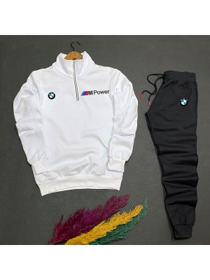 New Cabin Yarım Fermuarlı Bmw Baskılı Pamuklu Siyah Sweat-Pamuklu Siyah Eşofman Altı Takım Alt Üst 2'li