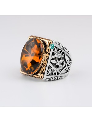 Rev Silver 925 Gümüş Lüks Yüzük Malakit Kehribar Pietersite Oval Taşlı Erkek Takı Hediye