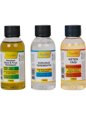 Kandillo Yağlı Boya Seti Yardımcı Malzemeler 3 x 100 ml Terebentin Resim Keten Yağı ve Fırça Temizleme Sıvısı