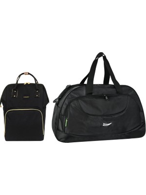 Barberri Anne Bebek Bakım Siyah Klasik Sırt Çantası ve Büyük Boy Spor/seyahat El Valizi Kombin