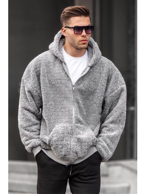 Madmext Gri Peluş Over Fit Kapüşonlu Fermuarlı Erkek Sweatshirt 6049