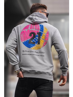 Madmext Boyalı Gri Kabartma Baskılı Kapüşonlu Sweatshirt 6042