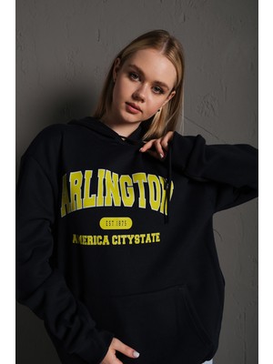 Trendseninle Arlington Baskılı Oversize Kapüşonlu Sweatshirt