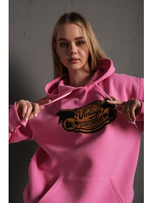 Trendseninle Kadın Vintage Baskılı Kapüşonlu Oversize Sweatshirt