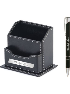 Sedef Silver Kişiye Özel Isimlikli Masaüstü Deri Ofis Siyah Bölmeli Kalemlik ve Kalem Seti