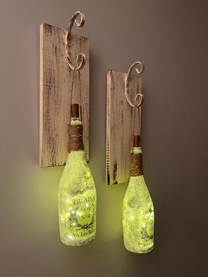 Mes Reves Design Tıpa Peri LED Işıklı Krem Kahve Renkli Buzlu Cam Şampanya Şişesi Duvar Aplik 2'li Set