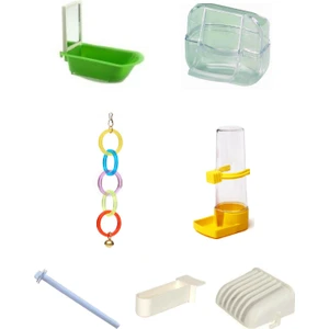 Purecanpati Kuş Kafes Ihtiyaç Set(Yemlik,suluk,ballık,sebzelik,tünek,aynalı Küvet,olimpik Halka)