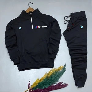 New Cabin YArım Fermuarlı Bmw Baskılı Pamuklu Siyah Sweat-Pamuklu Siyah Eşofman Altı Takım Alt Üst 2'li