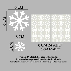 Tuğset Etiket Beyaz Kar Tanesi Cam Sticker Yılbaşı Dekoru/ Sticker - Kartanesi Cam Vitrin Süsleme Etiket 34 Adet