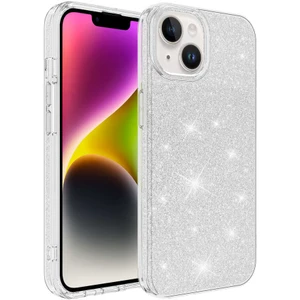Case 4U Apple iPhone 14 Plus Kılıf Çift Katmanlı Simli Shining Sert Silikon Arka Kapak Gümüş
