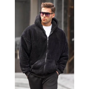 Siyah Peluş Over Fit Kapüşonlu Fermuarlı Erkek Sweatshirt 6049