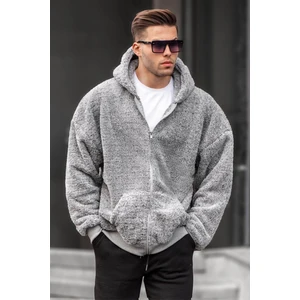 Gri Peluş Over Fit Kapüşonlu Fermuarlı Erkek Sweatshirt 6049