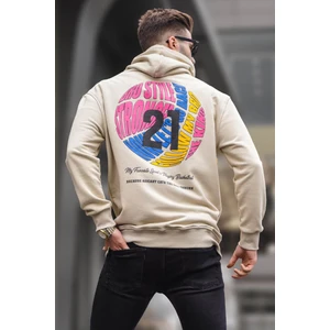 Bej Kabartma Baskılı Kapüşonlu Sweatshirt 6042