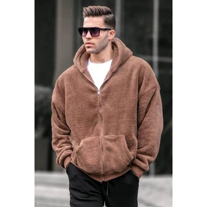 Kahverengi  Peluş Over Fit Kapüşonlu Fermuarlı Erkek Sweatshirt 6049