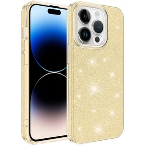 Case 4U Apple iPhone 14 Pro Kılıf Çift Katmanlı Simli Shining Sert Silikon Arka Kapak Altın