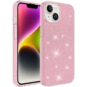 Case 4U Apple iPhone 14 Plus Kılıf Çift Katmanlı Simli Shining Sert Silikon Arka Kapak Pembe