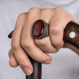 Rev Silver 925 Gümüş Lüks Yüzük Oval Akik Taşı Erkek Takı Hediye Lapis Lazuli Kaplan Gözü