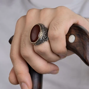 Rev Silver 925 Ayar Gümüş Erkek Yüzük Doğal Taşlı Oval Kaplan Gözü Akik Takı