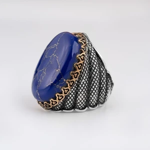 Rev Silver 925 Gümüş Lüks Yüzük Oval Akik Taşı Erkek Takı Hediye Lapis Lazuli Kaplan Gözü