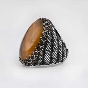 Rev Silver 925 Gümüş Lüks Yüzük Oval Akik Taşı Erkek Takı Hediye Lapis Lazuli Kaplan Gözü