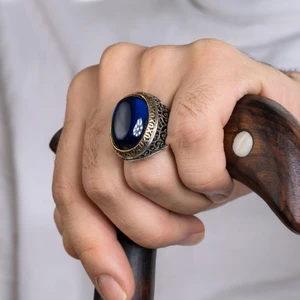 Rev Silver 925 Ayar Gümüş Erkek Yüzük Doğal Taşlı Oval Kaplan Gözü Akik Takı