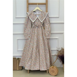 Küçüğüm Butik Vintage Yakalı Gri Renkli Çiçekli Uzun Kol Kloş Elbise