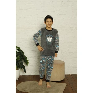 Erkek Çocuk 1027 Desenli Polar Pijama Takımı Gri