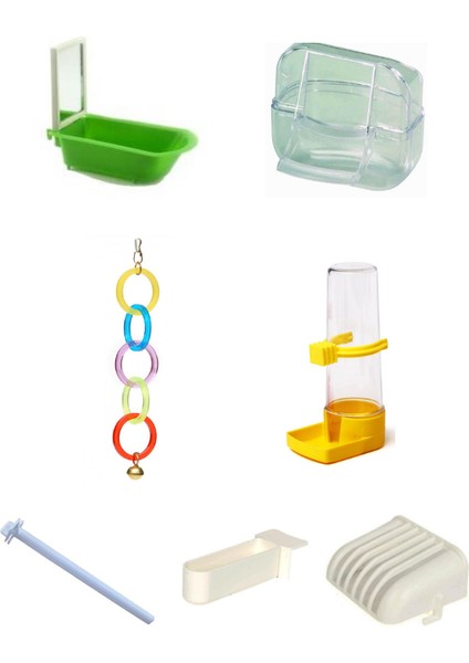 Kuş Kafes Ihtiyaç Set(Yemlik,suluk,ballık,sebzelik,tünek,aynalı Küvet,olimpik Halka)